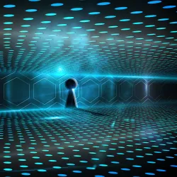 Man looking through futuristic keyhole for AI