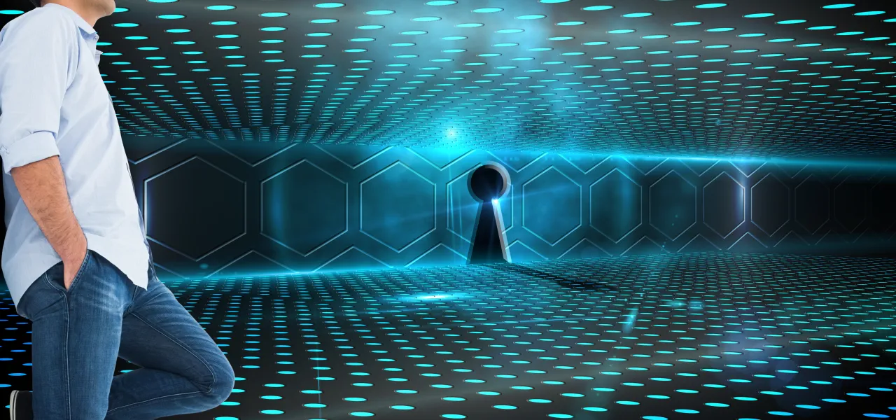 Man looking through futuristic keyhole for AI