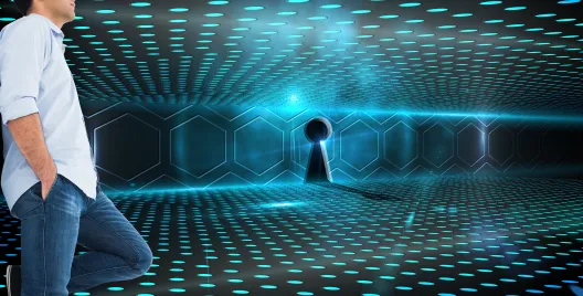 Man looking through futuristic keyhole for AI