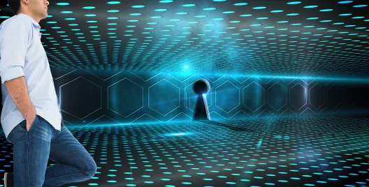 Man looking through futuristic keyhole for AI